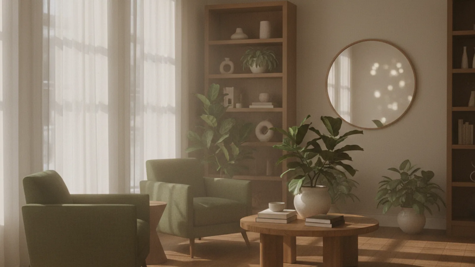 Warm, light-filled waiting room with sage armchairs and plants