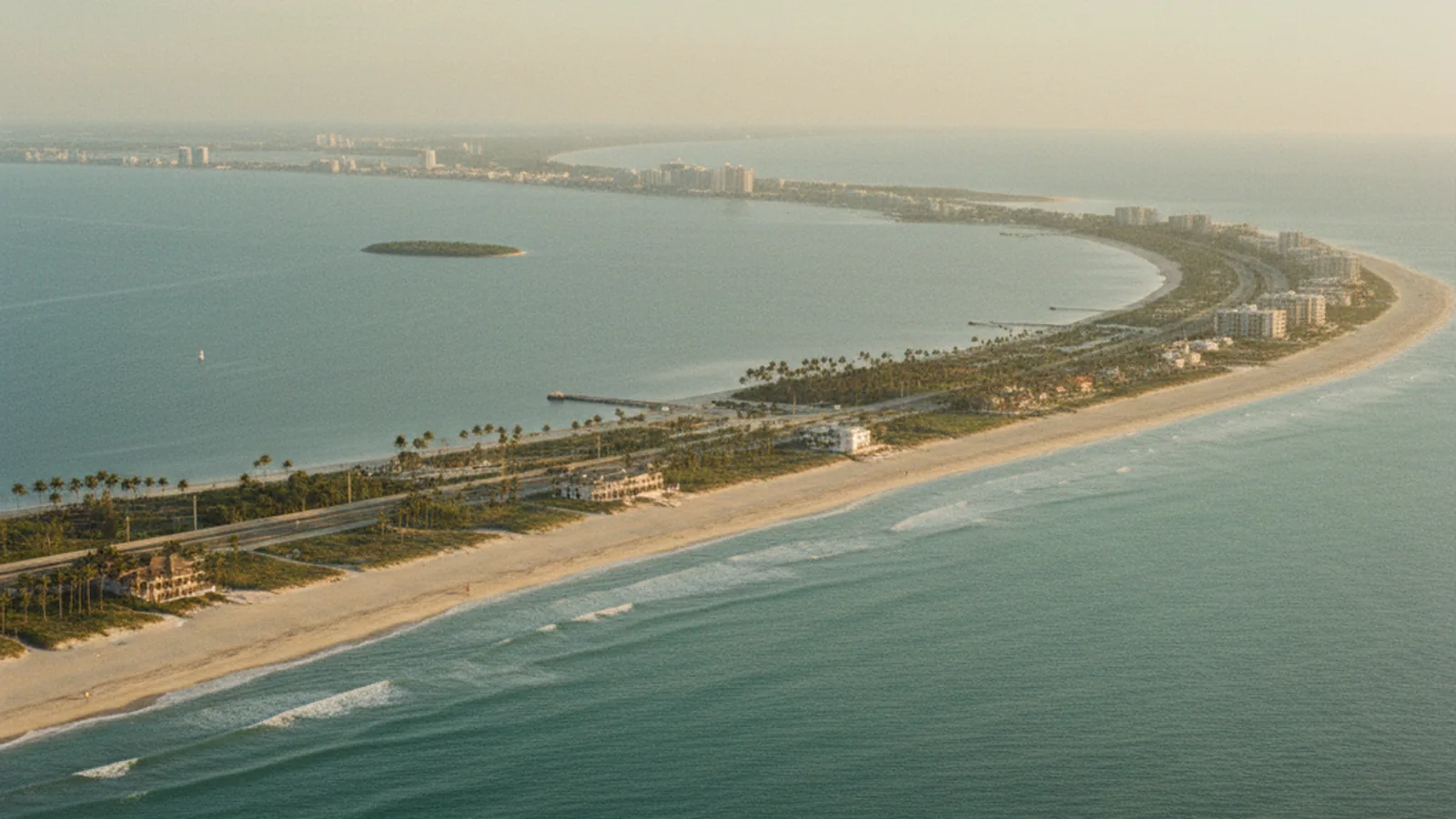 Aerial view of the South Florida coastline at golden hour