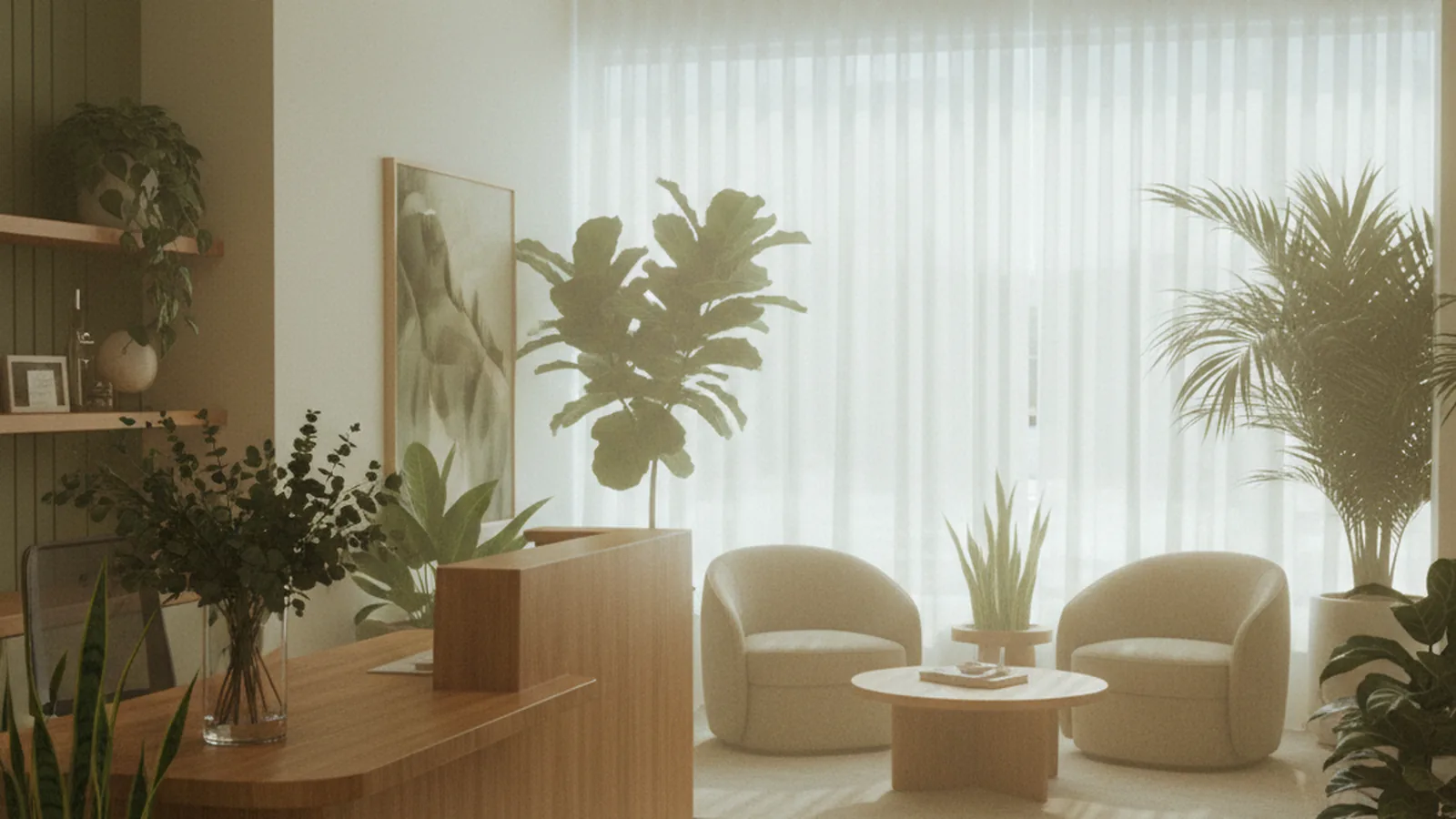 Welcoming reception lounge with greenery and soft daylight