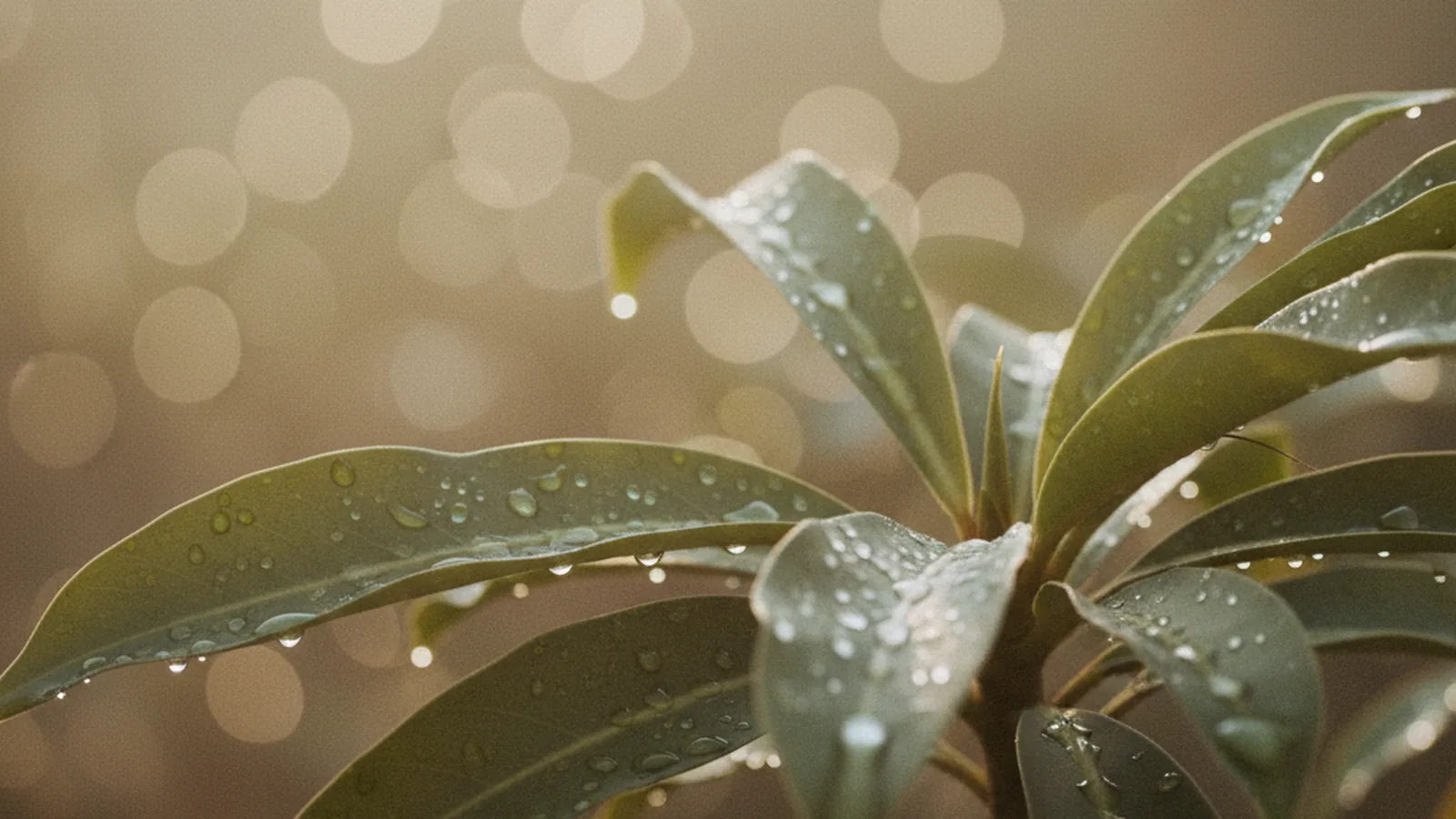 Sunlit green foliage with dewdrops and soft warm bokeh