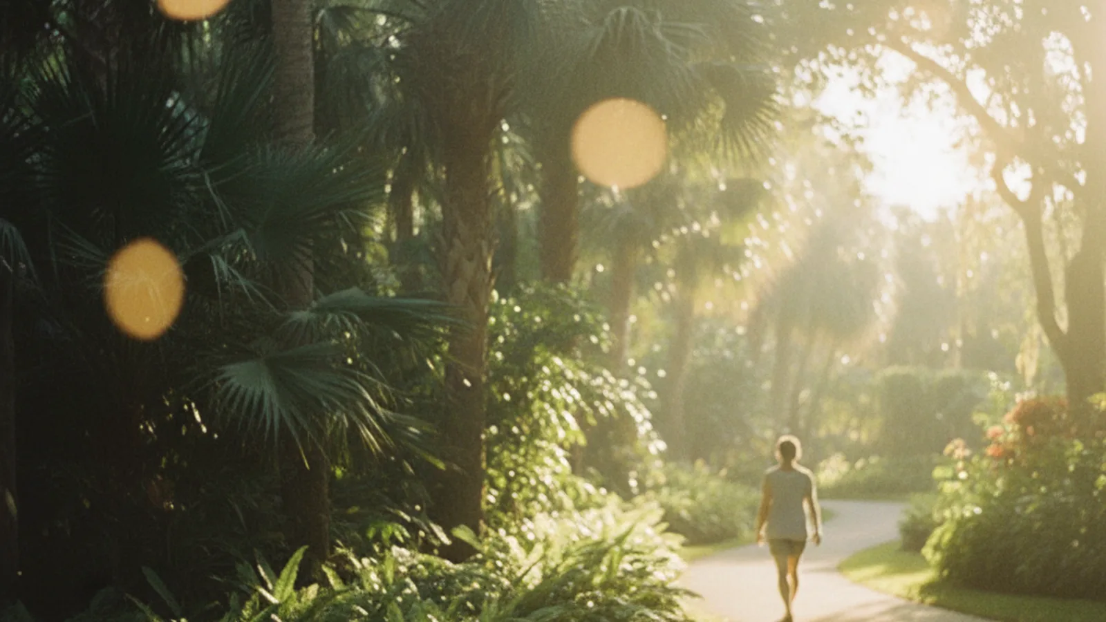 Person walking a lush, palm-lined garden path in the Miami area at golden hour
