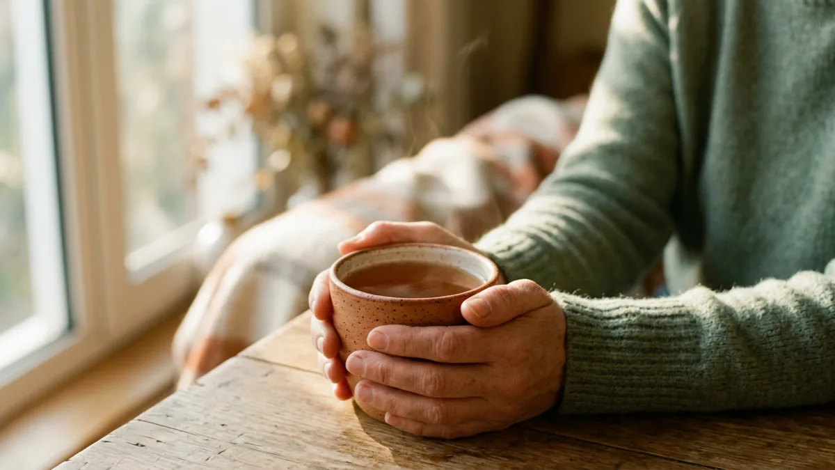 Hands steadying a warm ceramic mug at a wooden table by a bright window, representing Botox treatment for chronic migraine at Mind Link