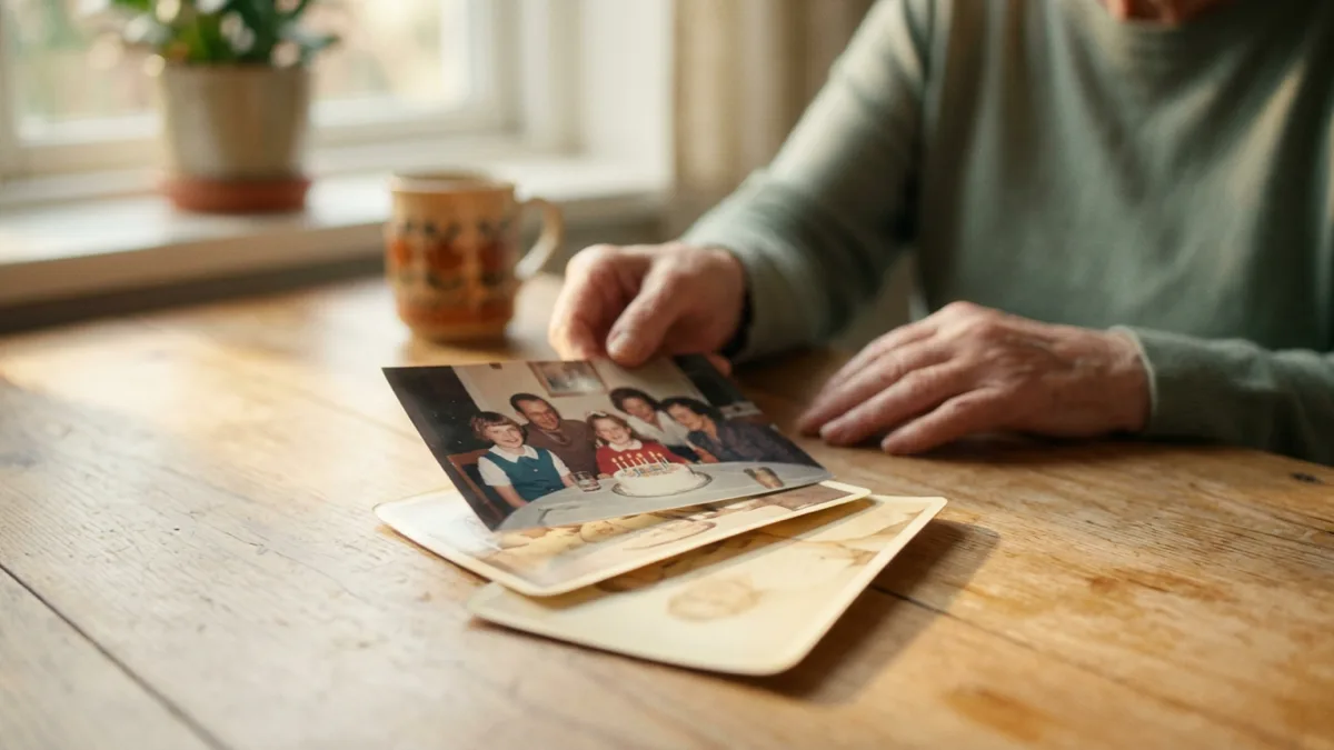 Older hands sorting faded family photographs on a kitchen table in morning light, representing dementia and memory loss evaluation at Mind Link