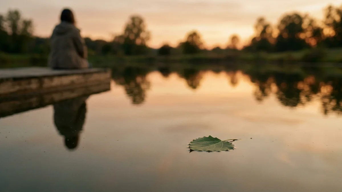 Single leaf resting on still water at dusk with a figure seated on a distant dock, representing epilepsy and seizure disorder care at Mind Link