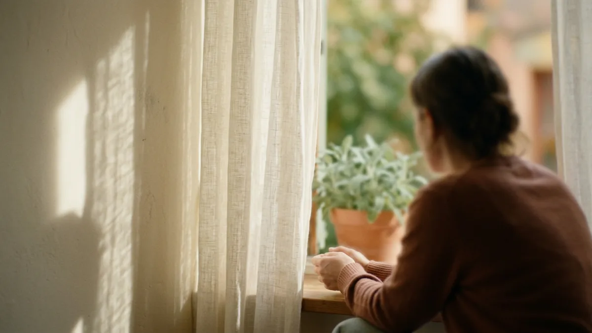 Person resting in the quiet of a shaded room beside a linen curtain, representing migraine and headache care at Mind Link