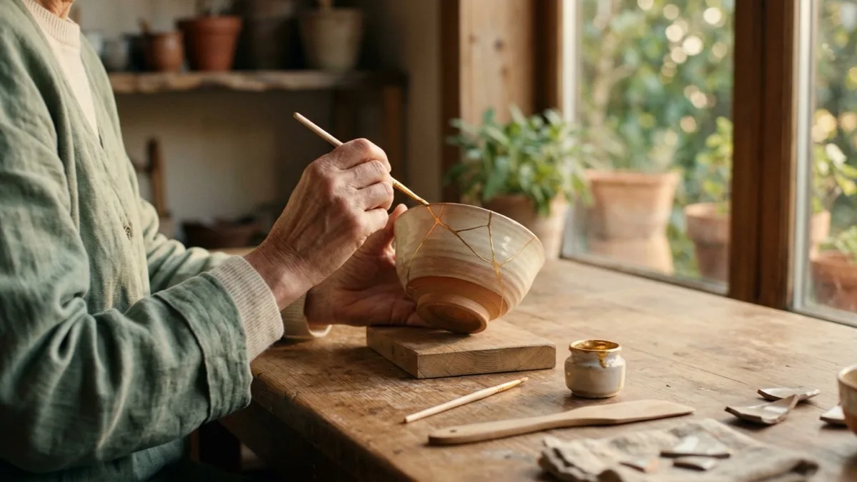Hands repairing a ceramic bowl with gold kintsugi seams at a sunlit workbench, representing multiple sclerosis care at Mind Link