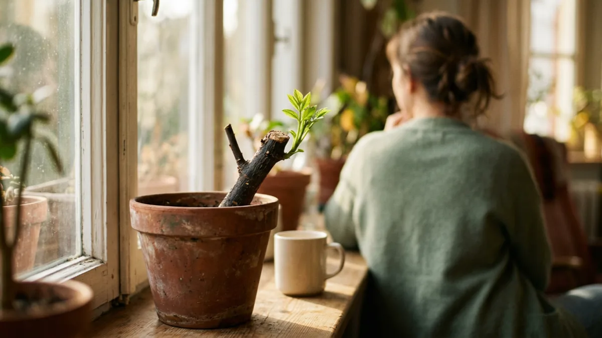 New green shoot growing from a pruned branch in a terracotta pot on a sunlit windowsill, representing stroke follow-up and recovery care at Mind Link