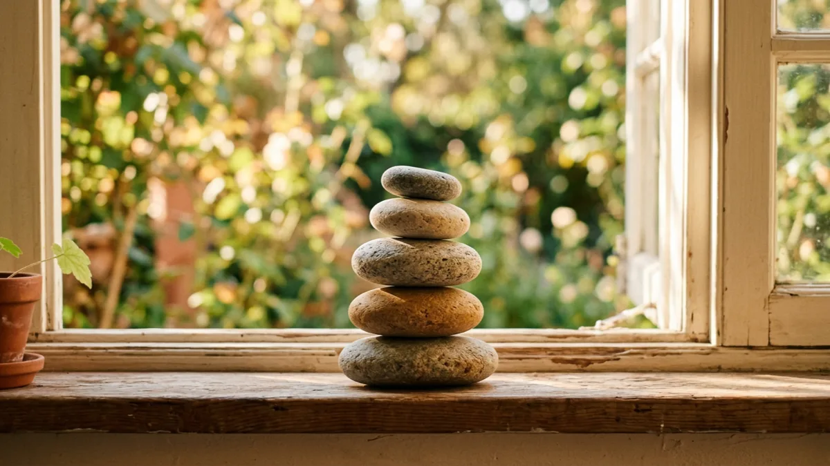 Balanced stack of smooth river stones on a windowsill against soft garden greenery, representing vertigo and dizziness care at Mind Link